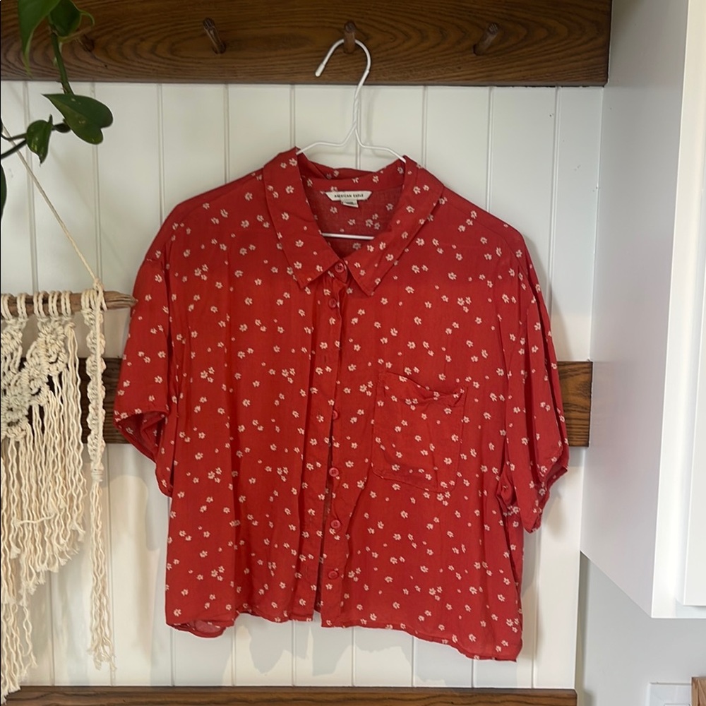 AE Collar Button Up Red Floral Women's Top